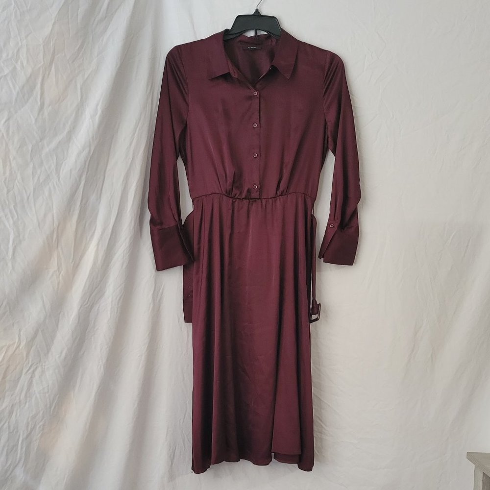 Alfani Burgundy Silk Button Up Dress With Belt